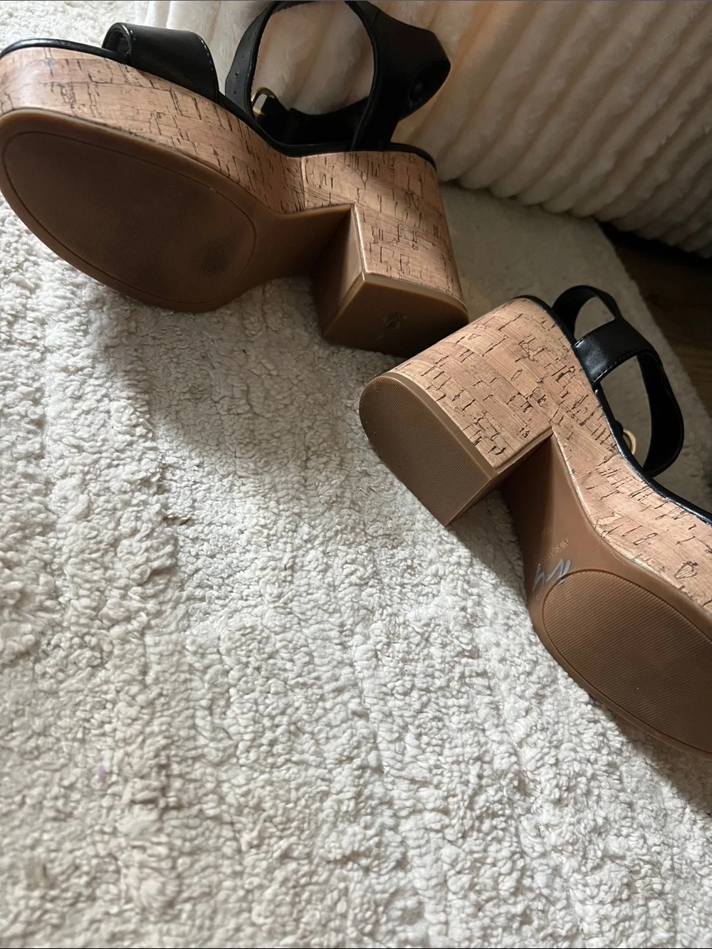 Nine West Black Leather Platform Cork Wedge Sandals